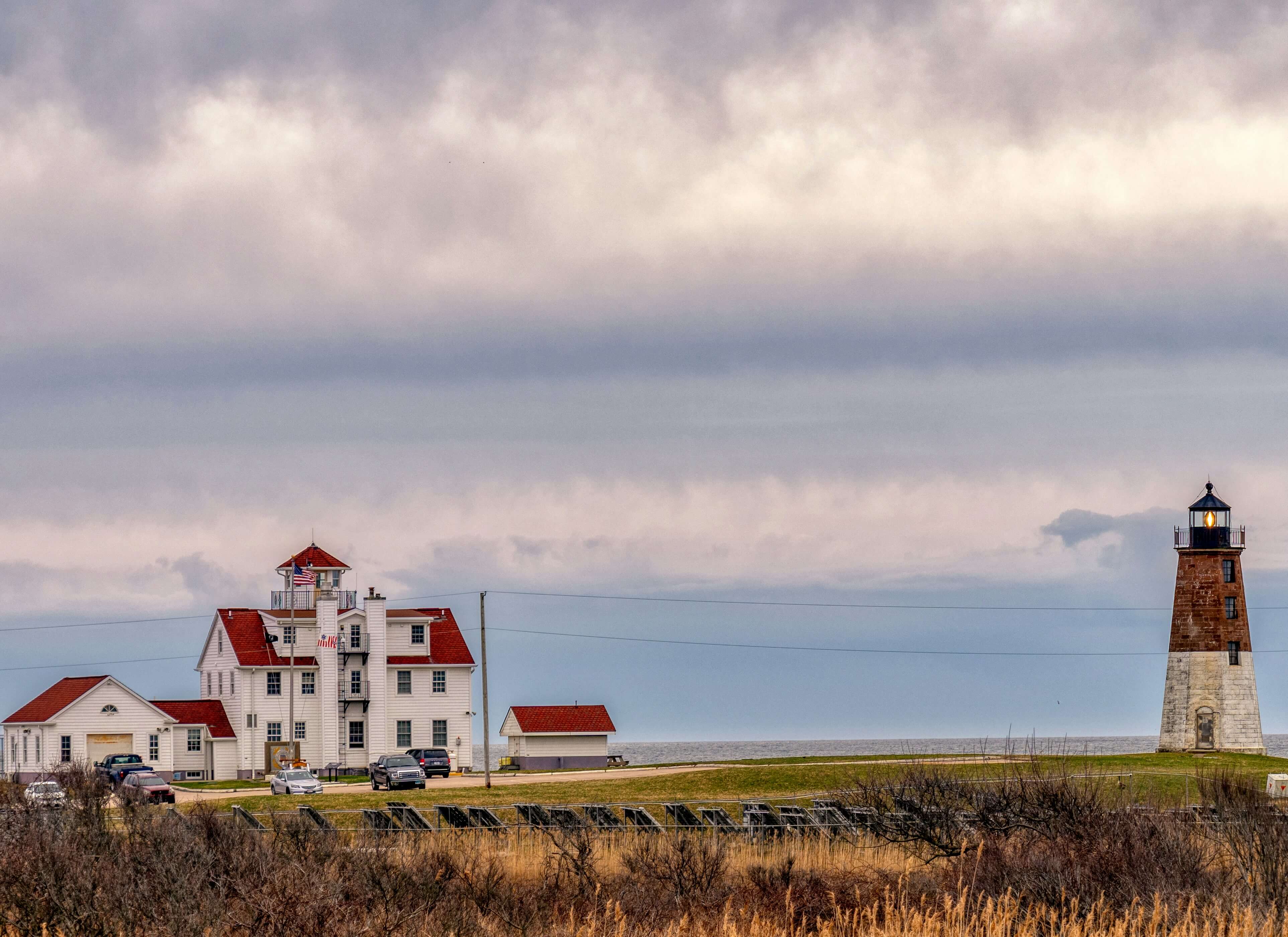 Building and lighthouse on Rhode Island’s coast