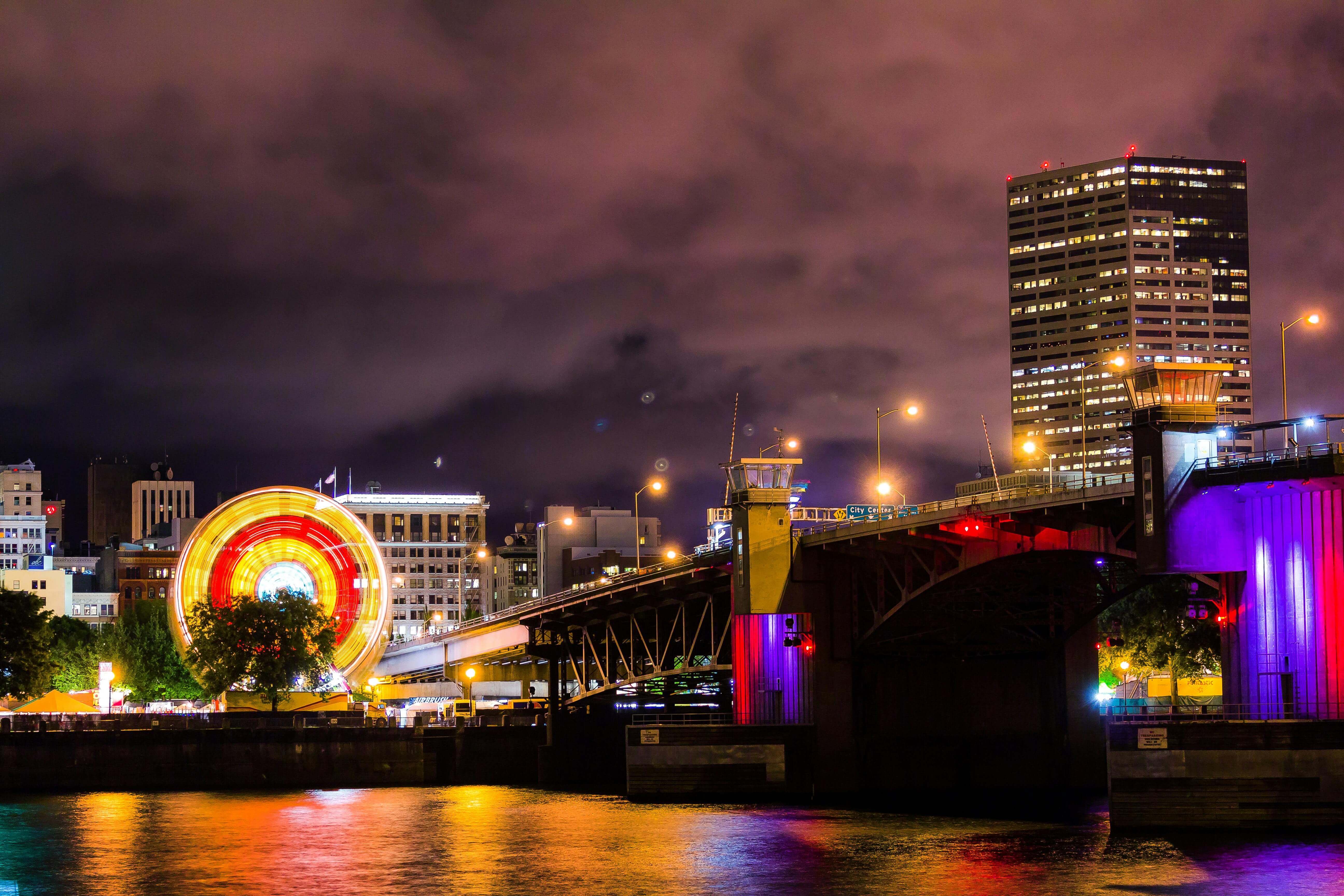 illuminated buildings in Portland, Oregon at night